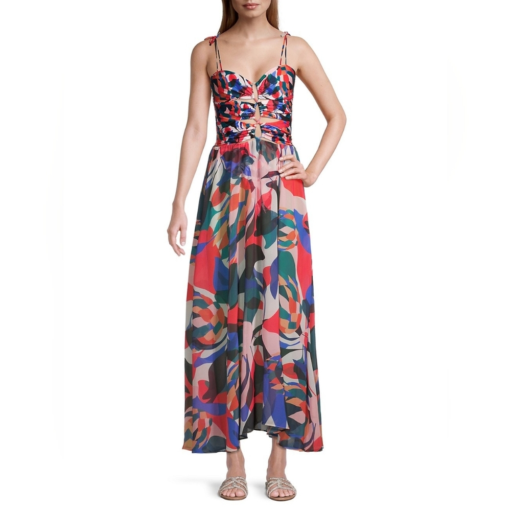 PatBO Protea Lace-Up Printed Midi Dress